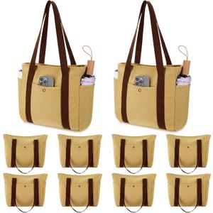 Sadnyy Khaki 10 Pcs Canvas Tote Bags for Women Reusable Shoulder Tote Bags with Zipper Shopping Grocery Handbag for Work Travel