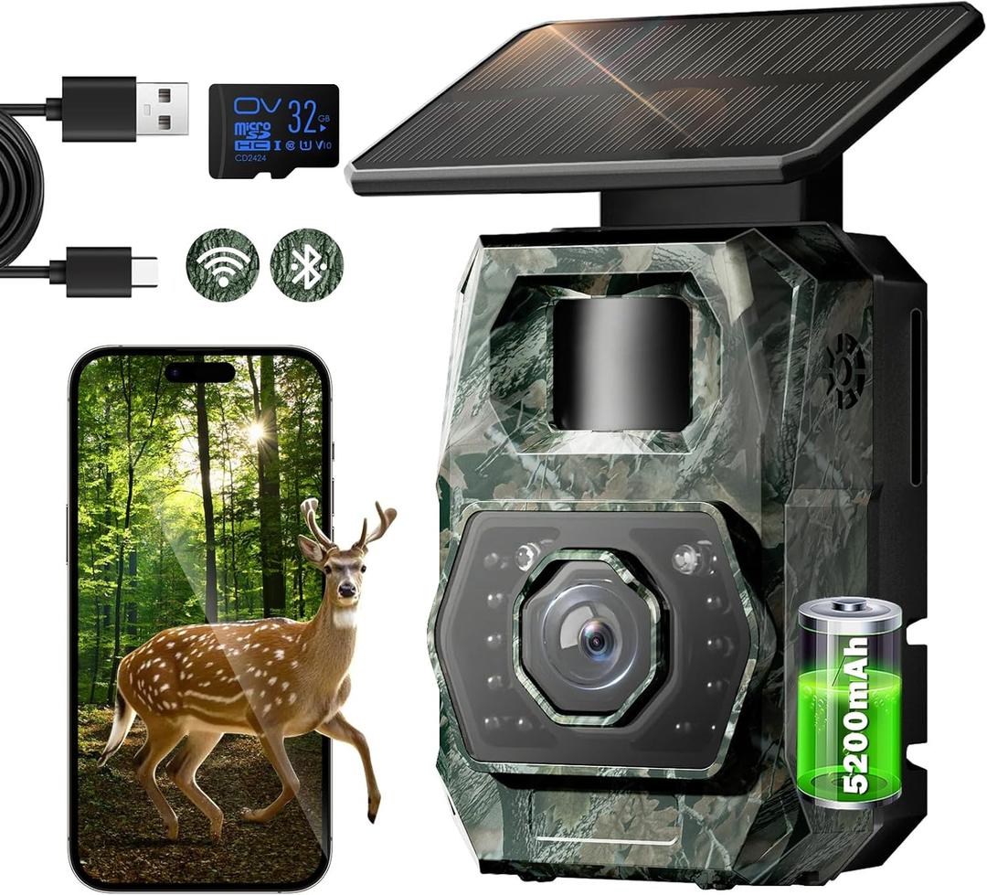 Solar Trail Camera WiFi Bluetooth - Game Cameras with Night Vision Motion Activated Waterproof, Rechargeable Trail Cam with 5200mAh Battery Deer Camera Hunting Wildlife Cameras for Outdoor Backyard (Green)