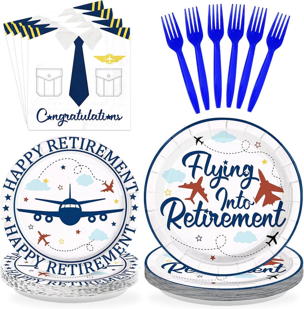 96Pcs Flying into Retirement Party Decorations Pilot Happy Retirement Plates and Napkins Sets Blue Airplane Retired Pilot Decoration for Men Airplane Congratulations Retired Party Supplies Serves 24