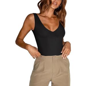 REORIA Butsmooth Womens Trendy Sexy Plunge Deep V Neck Sleeveless V Backless Going Out Tank Bodysuits Tops (Medium, Black)