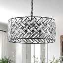 Crystal Ceiling Light Black Modern Chandelier 18" Pendant Light 6-Light Convertible Semi Flush Mount Lighting Drum Semi Flush Mount Hanging Drum Shade for Kitchen Island Dining Room Bedroom Hallway