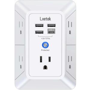 5 Outlet Extender Multi Plug Wall Outlets with 4 USB Charging Ports (1 USB C Outlet), 3 Sided 1680J Surge Protector Power Strip USB Wall Charger for Home, Office, Travel, ETL Listed, White (3U1C)