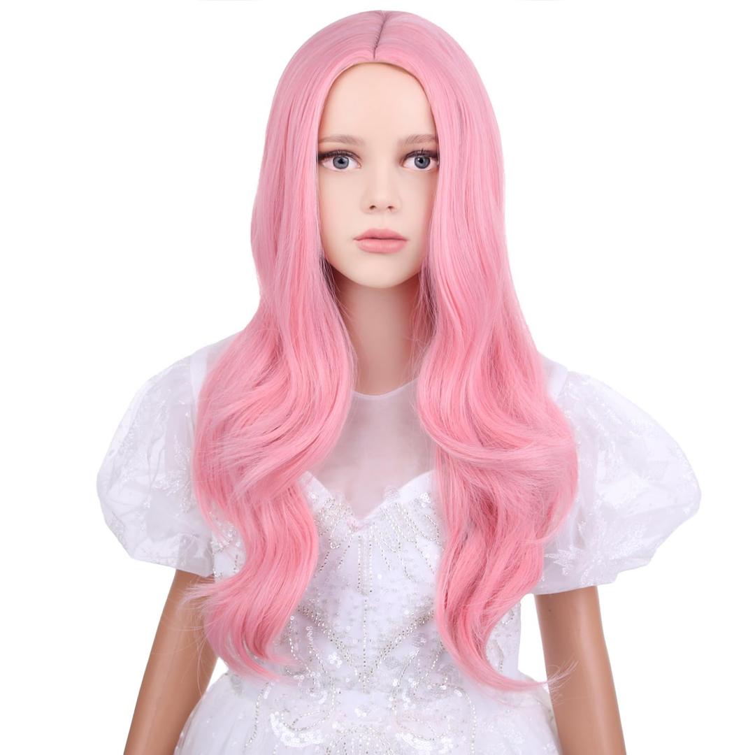 Pink Wigs Long Wavy Curly Wig Pastel Pink Middle Part Wig Daily Halloween Cosplay Synthetic Wigs