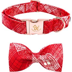 Elegant little tail Christmas Dog Collar, Plaid Print Pet Collar Dogs Holiday Collars with Bow Red Cute Winter Boy Girl Puppy Bow Adjustable Pet Collars for X-Large Dogs