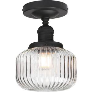Yosoan Indoor Vintage Ceiling Light with Striped Shade, 1-Light Hardwired Modern Vanity Light Industrial Single Rustic Semi Flush Mount Ceiling Lamp Ribbed Glass Shade for Kitchen Hallway(Black)