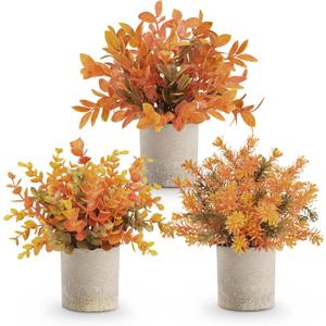 Der Rose 3 Pack Fall Mini Potted Fake Plants Artificial Plastic Eucalyptus Plants Topiaries Fall Decorations for Home Office Desk Farmhouse Room Bathroom Fall Decor (Orange)