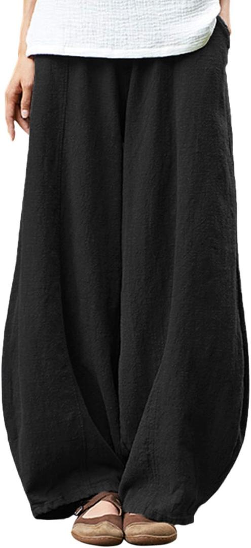 IXIMO Women's Casual Cotton Linen Baggy Pants with Elastic Waist Relax Fit Lantern Trouser (Medium, Black)