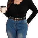 SOLY HUX Women's Plus Size Lace V Neck Long Sleeve T-Shirts Button Slim Fit Going Out Tee Tops Pure Black X-Large Plus