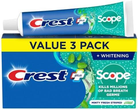Crest + Scope Whitening Toothpaste - Pack of 3, 5.4 Oz Tubes - Anticavity Fluoride Toothpaste, Fresh Breath, Kills Germs - Tartar Protection, Enamel Protection - Minty Fresh Flavor