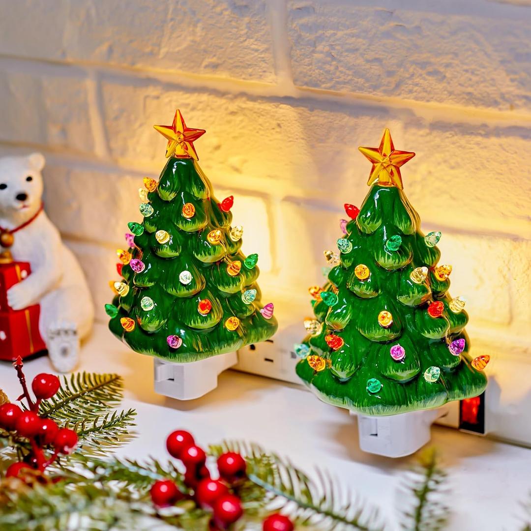 Brightown Ceramic Christmas Tree Night Light - 2 Pack 6" Christmas Decorative Ceramic Tree with ON/Off Switch, Vintage Christmas Night Light for Bedroom Living Room Porch Holiday Decor