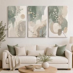 3Pcs Abstract Sage Green Floral Canvas Wall Art,Watercolor Plant Picture