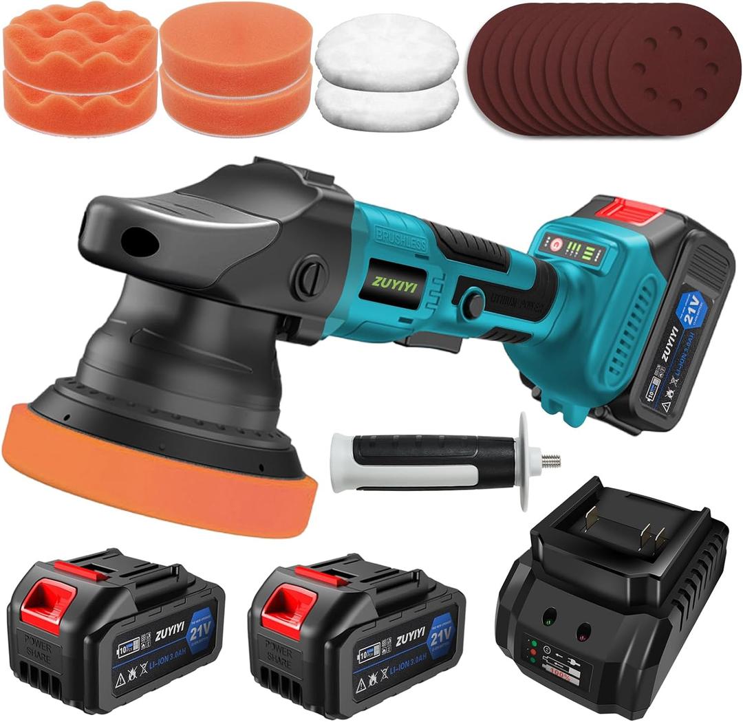 Cordless Buffer Polisher w/ 2 3.0Ah Batteries, 5 Inch Portable Orbital Polisher Machine, 3 Variable Speed, Car Buffer Waxer Kit for Car Boat Detailing, Polishing, Scratch Removing