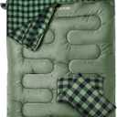 Double Sleeping Bag Flannel for Adults with 2 Pillows 2 Person Sleeping Bags Camping XXL Queen Size Two Person Sleeping Bag for Cold Weather (OLIVE)