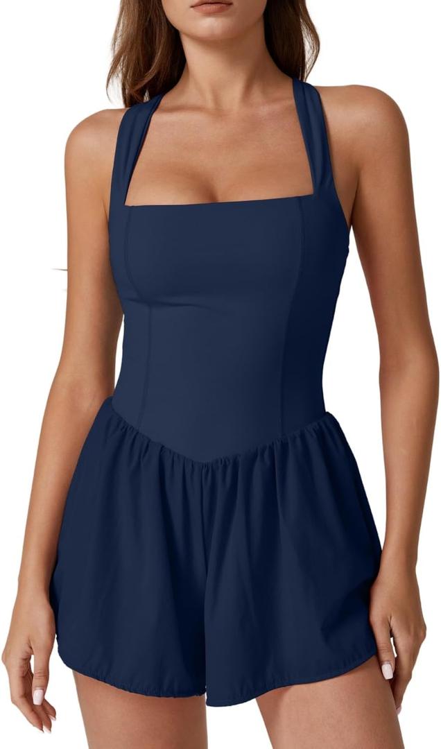 QINSEN Women's Square Neck Sleeveless Romper Jumpsuit Casual Summer One Piece Outfit with Pocket (Large)