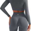 SUUKSESS Women 2 Piece Workout Sets Hidden Scrunch Hip Lifting Seamless Leggings Long Sleeve Yoga Crop Tops (Gray, M)