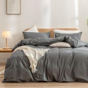 BESTOUCH Duvet Cover Set 100% Washed Cotton Linen Feel Super Soft Comfortable Chic Lightweight 3 PCs Home Bedding Set Solid Dark Grey Queen (Queen (90" x 90"))