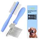 Dematting Comb for Doodles & Poodles, Dual-Sided Comb Tool for Long Curly Haired Dogs, Grooming Brush Kit for Removing Mats and Tangles, Stainless Steel, Beech Wood (Blue)