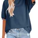 Dokotoo T Shirts for Women Striped Color Block Loose Fit Round Neck Womens Tops Fashion 2025 Oversized Tshirts for Women (Medium, Navy Blue)