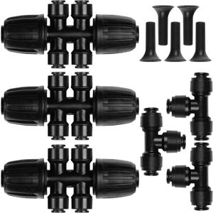 Carpathen Drip Irrigation Fittings Pack - Push-to-Connect Irrigation System Compatible - 3 x 4Way Coupler 1/2" to 1/4", 3 x 3 Way Tee T Shape Barbed 1/4 Drip Tubing Splitter, 5 x 1/4 End Plugs