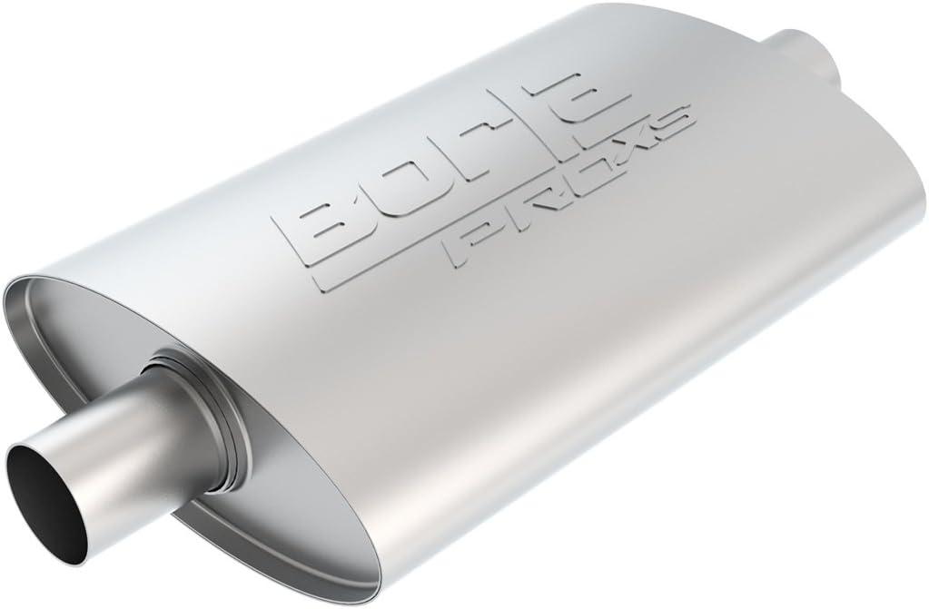 BORLA 40364 ProXS Universal Perfrormance Muffler 2.5" Center Inlet 2.5" Center Outlet 4" x 9.5" Oval x 14" Long Body 19" Overall Length Un-Nothed Necks Reversible Design T-304 Stainless Steel