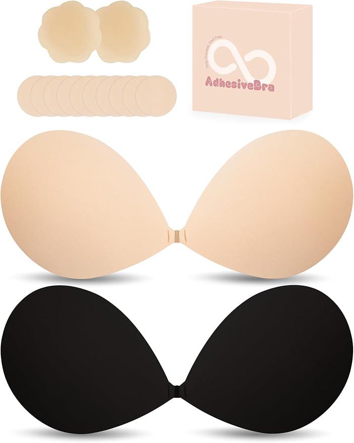 FZGO Sticky Bra Push Up Strapless Adhesive Bra Invisible Backless Reusable Cleavage Bras for Women with Silicone Nipple Covers Pasties Nude, Size: A