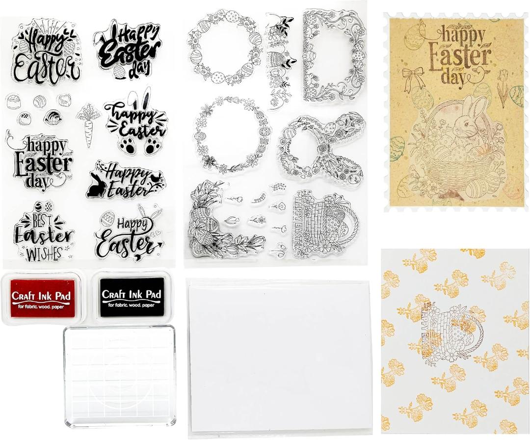 CraftyManor Happy Easter Clear Stamps for Scrapbooking, Vintage Rabbit Stamp Set for Journaling, Card Making Supplies for Crafting, DIY, Photo Album Decor & Junk Journal 5.8x8.3in (Wreath + Text Set)