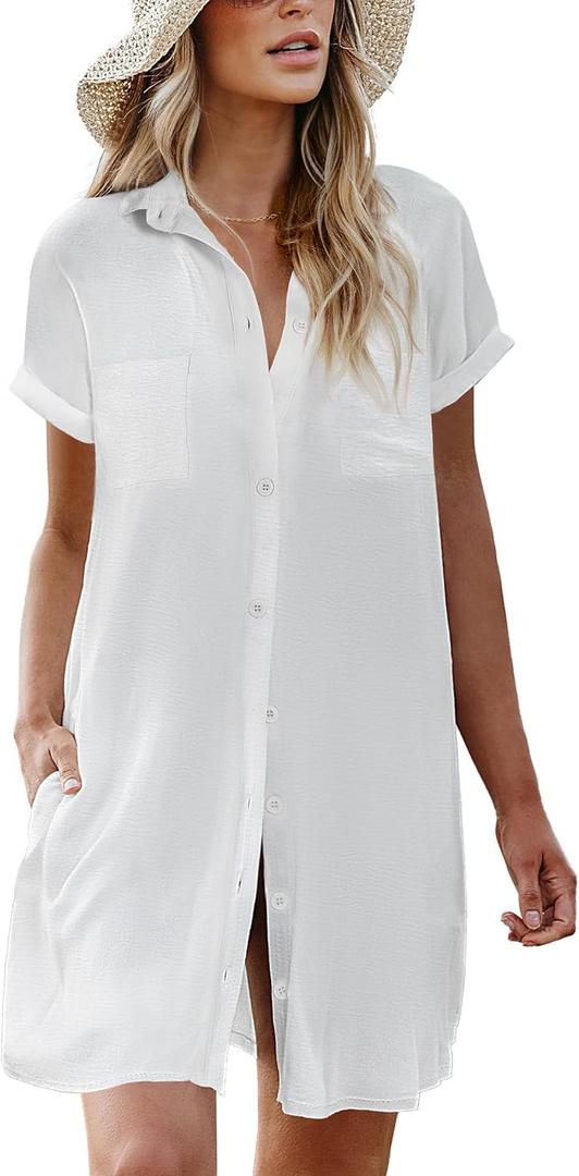 AI'MAGE Womens Bathing Suit Cover Ups Summer Shirt Dress Casual Short Sleeve Button Down Beach Shirts with Pockets XXL (White)