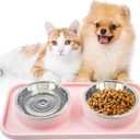 Double Dog Food Bowls with Mat,Stainless Steel Dog Bowls with No Spill Non Skid Silicone Mat Removable Cats Water and Food Bowl Set for Puppy Cats Kitten Small Medium Dogs(Pink)