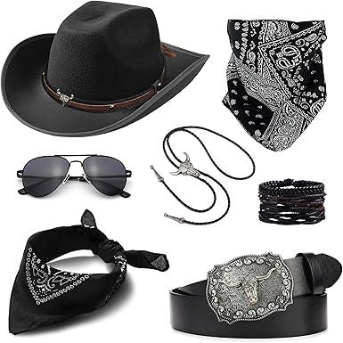EIELO Cowboy Costume Outfit for Men Women Western Cowboy Hat Bolo Tie Buckle Belt Accessories Set for Halloween Cosplay Party (Black)