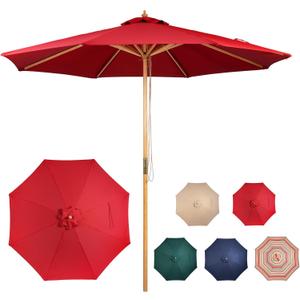 9ft Bamboo Umbrella, Outdoor Patio Umbrella, Waterproof Market Umbrella, 8 Ribs Table Umbrella with Pulley Lift for Garden, Deck, Pool, lawn, Backyard (RED)