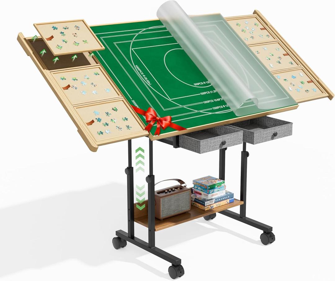 CODACE Puzzle Table with Drawers - 2000 Pieces Jigsaw Puzzles Table for Adults, Tilting Puzzle Board with 6 Sorting Trays and Cover, Tables with Adjustable Height Leg and Wheel, Puzzle Lover's Present, 2000 Pcs 6 Drawers