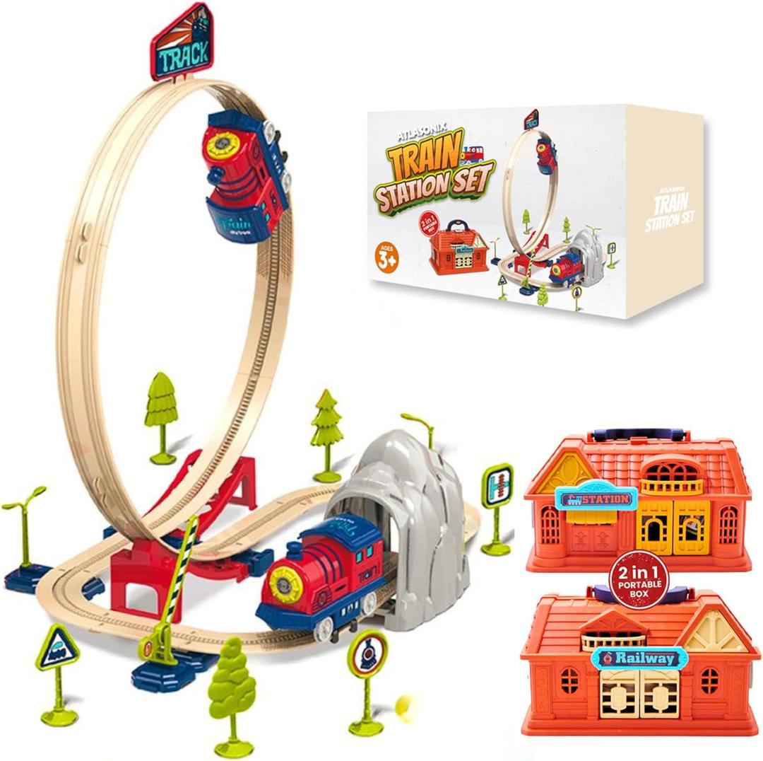 Train Toys for Toddlers 3-5 | Electric Train Set for Kids - Toy Train, Railway Station with Loop, Bridge & Signs - Montessori Educational Fun Trains Toy for Boys Girls Birthday Gift