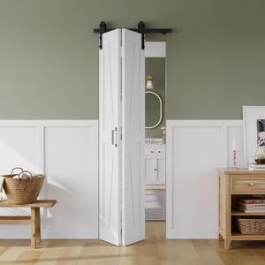 28" x 84" Bifold Sliding Barn Door, K Shaped Panel with Sliding Hardware Kit Set, Finished Closet Door Slab, 2.67FT Track for 2 Doors, MDF, White