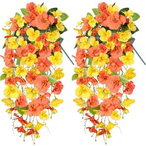 Artificial Hibiscus Fake Hanging Flowers Plants for Outdoors Fall Autumn Decoration, 2pcs Silk Hibiscus Trailing Vines UV Resistant Realistic Faux Flowers for Outside Front Door Porch Yard Indoor, Mix (Orange Yellow)