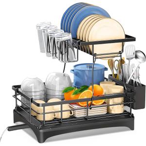 Dish Drying RackDurable, Rust-Proof Large 2 Tier Dish Racks for Kitchen Counter, Stainless Steel Kitchen Dish Drying stand,Detachable Capacity Dish Drainer Organizer with Cutlery & Cup Holder