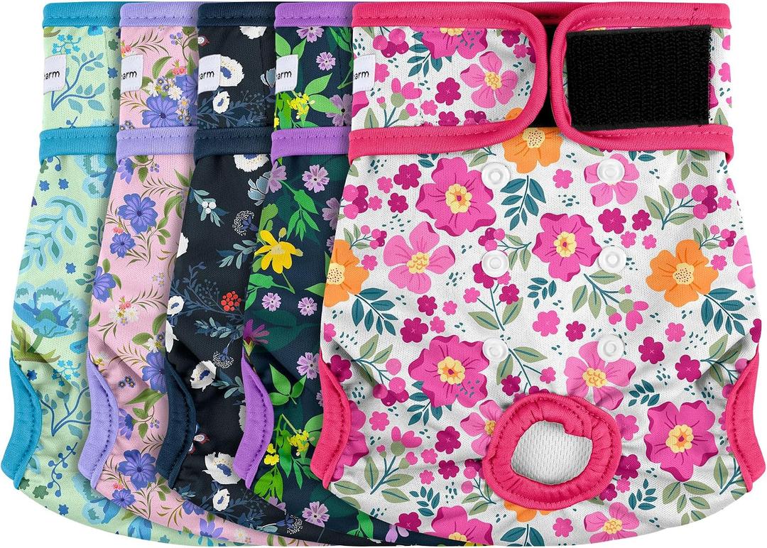5 Pack Reusable Diapers for Doggie, Highly Absorbent Dog Diapers Female for Pet with Incontinence or Frequent Urination, XX-Large Dog Diapers Female, Flowers