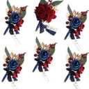 Lookein Set of 6 Boutonnieres for Men's Groom/Groomsmen, Artificial Flowers in Burgundy & Navy Blue for Formal Ceremonies and Dinners