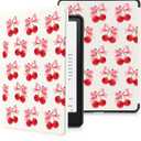 Red Cherry Wreath Bows Case for 7" Kindle Paperwhite 12th Gen 2024 | Compatible with Kindle Colorsoft Signature Edition 2024 with Hand Strap | Slim Leather Protective Cover with Auto Sleep/Wake