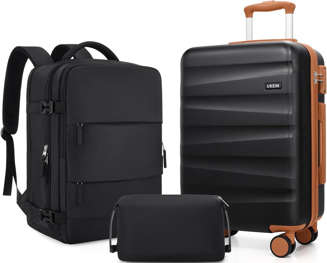 UKEIN Luggage Set with Backpack,Polycarbonate Carry On Luggage Airline Approved with Spinner Wheels, Hardshell Travel Suitcase with TSA Lock,Suitcase Set 3 Piece (Black)