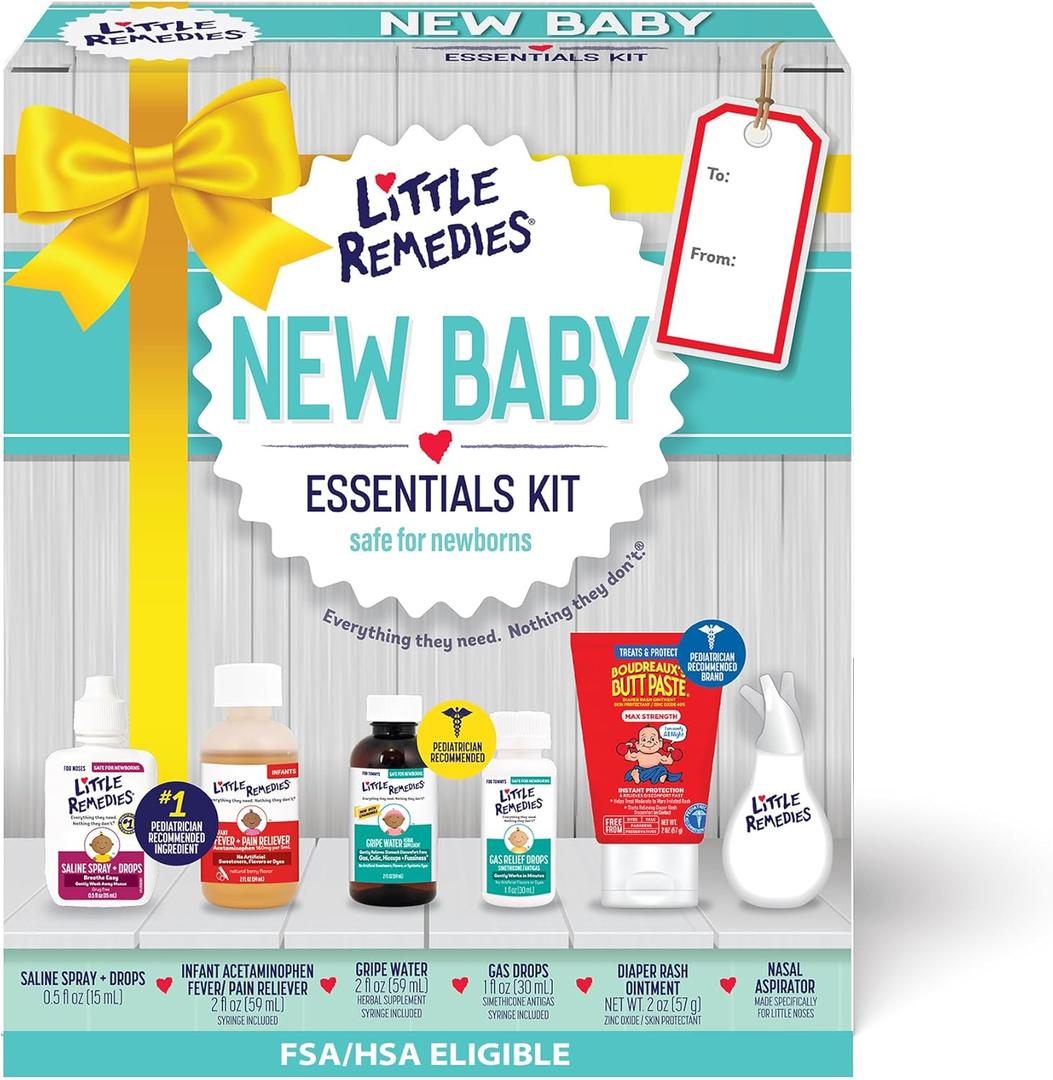 Little Remedies New Baby Essentials Kit with Saline Nasal Spray, Diaper Rash Cream, Gas Relief Drops, Gripe Water & More, Safe for Newborns