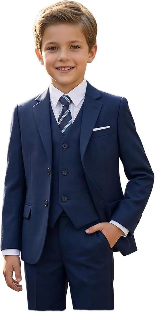 Boys Suits 5 Piece Slim Fit Suit for Kids Formal Ring Bearer Suits Gentleman Wedding Party Outfit (Blue) 14