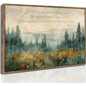 Framed Farm Christian Bible Canvas Wall art Scripture John14:27 Vintage Forest Pathway Landscape Watercolor Painting Picture Wall Decor Poster Print Artwork for Living Room Bedroom Home Decoration (24"L x 16"W)
