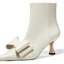 Coutgo Womens Low Kitten Heel Ankle Boots Rhinestone Bow Pointed Toe Side Zipper Dress Fall Booties Shoes, Creamy-White, Size 8