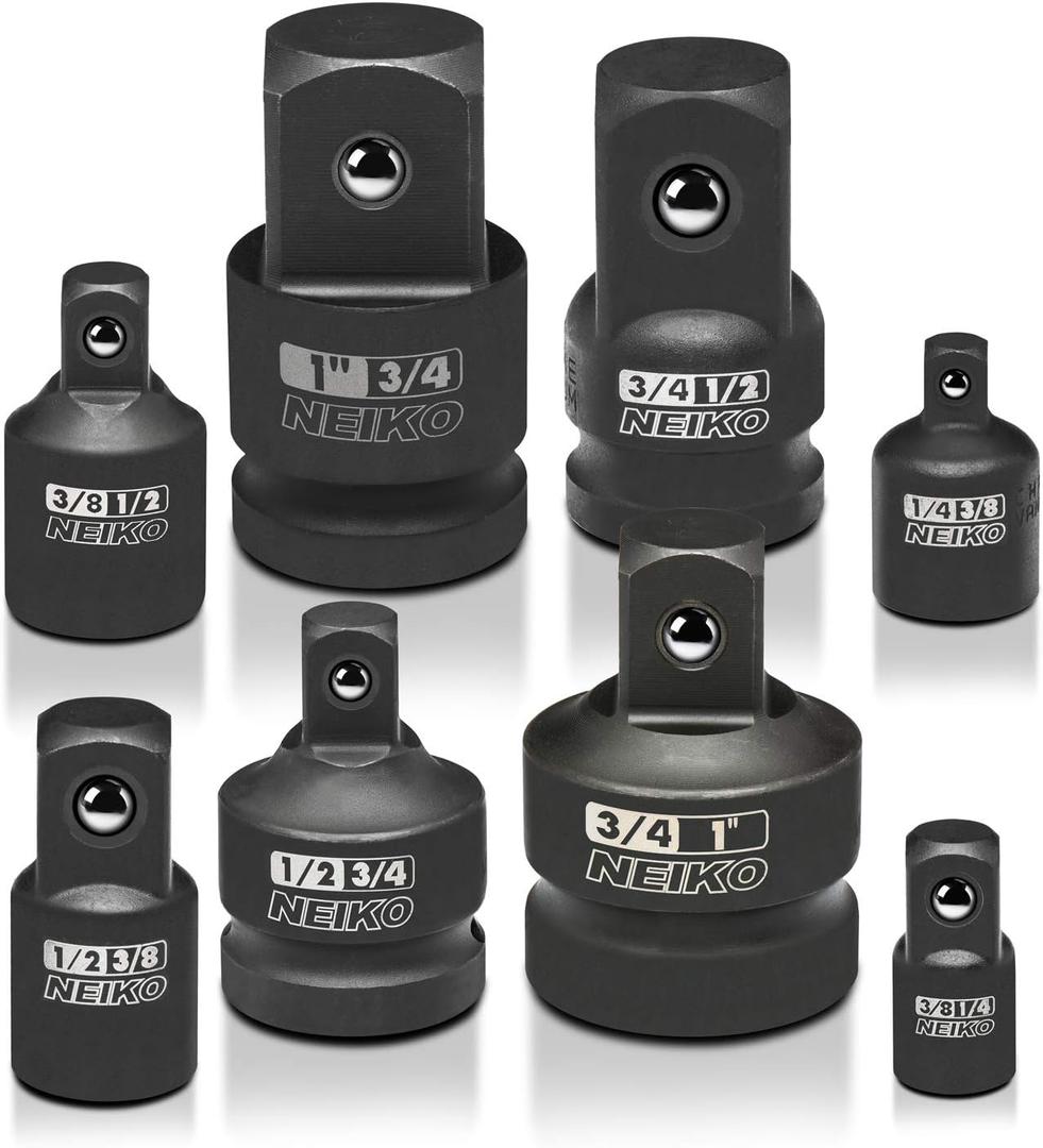 NEIKO 30223A 8 PC Impact Socket Adapter Set, Standard SAE Size, Cr-V Steel, Impact Driver & Wrench Conversion Kit, Locking Impact Socket Adapters & Reducer Set, Ball Detent, 1/4, 3/8, 1/2", 3/4, 1