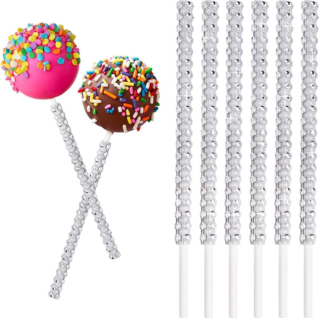 25 PCS Bling Cake Pop Paper Sticks, Glitter Rhinestone Lollipop Treat Sucker Sticks, Diamond Wrap Candy Holder for Chocolate Fruit Marshmallow Dessert Wedding Showers Buffet Table Party Christmas (Silver)