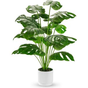 Der Rose 28" Fake Plants Large Artificial Monstera Faux Plants Indoor Tall for Outdoor Floor Front Porch Decor (White-28)