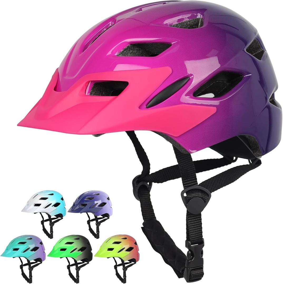 Kids Bike Helmet,Bavilk Kids Boys Girls Bike Helmets with LED Light Detachable Visor Children Youth Teen Multi-Sport for Skating Cycling Scooter Skateboard Adjustable & Lightweight 19.7"-22.4" (Glossy Pink Purple)