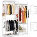 Bamjoy Bamboo 77H Clothes Organizers, Large Freestanding Closet System Clothes Racks for Hanging Clothes with 5 Storage Shelves 3 Rods 2 Hooks, Open Wordrobe Closet White