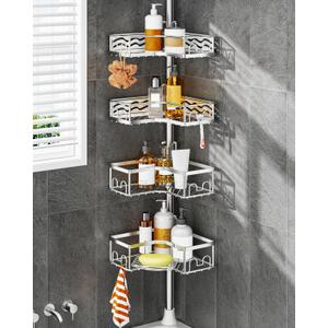 ALLZONE Corner Shower Caddy Tension Pole with 4 Repositionable Hang-On Baskets, Mixed-Height Shelves for Tall Bottles, 8 Dual Hooks & Soap Dish, Rust-Resistant Stainless Steel, Adjustable 34-116 Inch