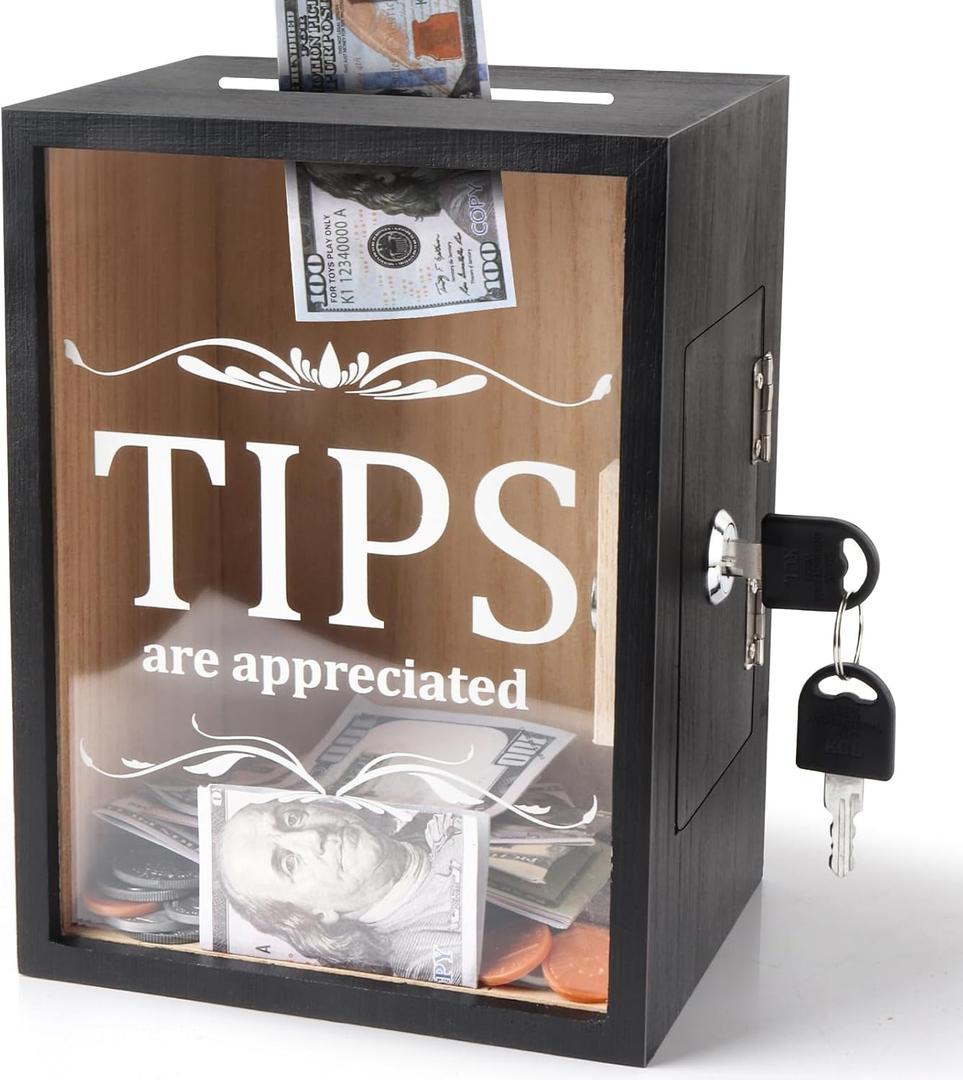 Wooden Tips Jar Tip Collection Box with Lock 6 x 4 x 7 Inch Money Coin Storage Container Donation Collection Suggestion Raffle Cash Box Jar for Restaurants Musicians Bartender Bars Driver